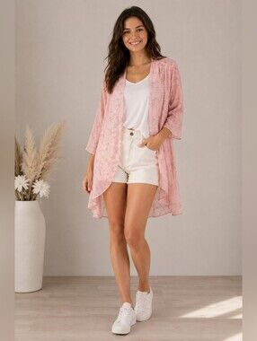 Pink Floral Open Front Kimono Cardigan Lightweight Swim Cover-Up Size 10